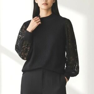 Chicos Black Textured Mock Neck Long Sleeve Puff Sleeve Sweater Size XXL